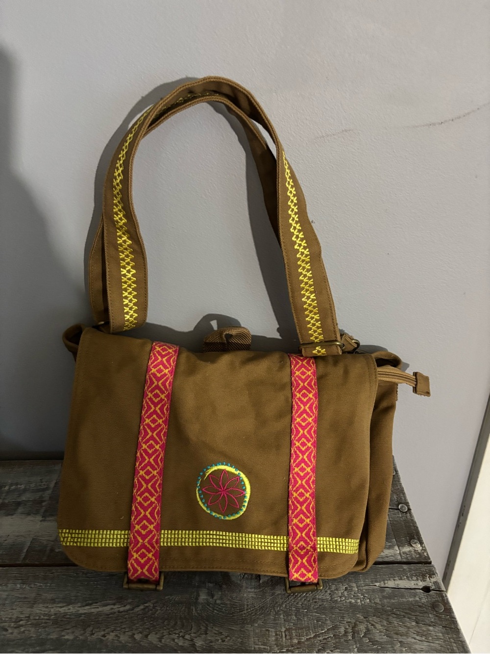 American Girl Brown Canvas Shoulder Bag with Pink & Yellow Accents